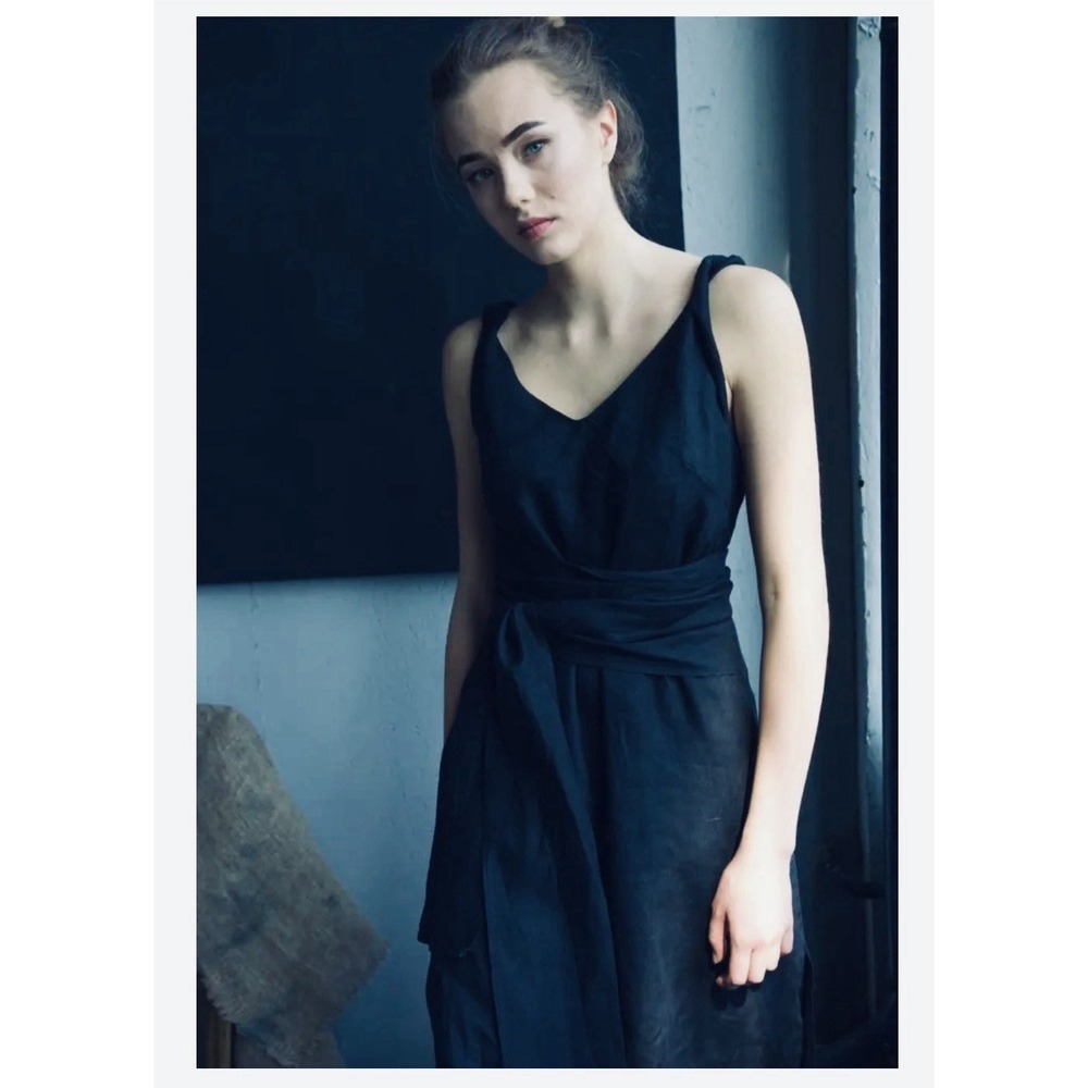 PAVIETRA Linen Dress XS Navy Blue Sleeveless Pockets Minimalist Quiet Luxury